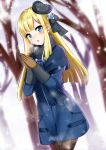  1girl :o absurdres beret blonde_hair blue_eyes coat cold fate/grand_order fate_(series) gloves hat highres katou_shinobu long_hair open_mouth pantyhose reines_el-melloi_archisorte scarf simple_background skirt solo 