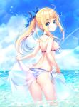  1girl :o absurdres ahoge arched_back ass back bare_arms bare_shoulders bikini blonde_hair blue_bikini blue_eyes blue_ribbon blue_sky blush breasts bubble caustics clouds cloudy_sky dana_(hapong07) day floating_hair hair_ribbon halterneck highres holding horizon long_hair looking_at_viewer looking_back medium_breasts ocean original outdoors parted_lips ponytail ribbon sarong see-through sidelocks sky solo standing striped striped_bikini swimsuit thighs wading water water_drop wet 