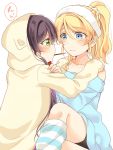  2girls animal_hood ayase_eli bangs blonde_hair blue_eyes blush cat_hood collarbone commentary_request food frown green_eyes hair_between_eyes hair_ornament hair_scrunchie hairband hands_on_another&#039;s_shoulders hood hood_up long_hair looking_at_another loose_socks love_live! love_live!_school_idol_project mogu_(au1127) mouth_hold multiple_girls off_shoulder pocky pocky_kiss ponytail scrunchie shared_food sidelocks simple_background sitting sitting_on_lap sitting_on_person striped striped_legwear toujou_nozomi v-shaped_eyebrows violet_eyes white_background white_scrunchie yellow_hoodie yuri 