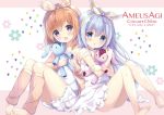 2girls :d amedamacon bangs bare_arms bare_shoulders barefoot blue_eyes blue_hair blush brown_hair brown_hairband brown_jacket brown_legwear character_name chestnut_mouth copyright_name dress eyebrows_visible_through_hair frilled_dress frills gochuumon_wa_usagi_desu_ka? hair_between_eyes hair_ribbon hairband hoto_cocoa jacket kafuu_chino knees_up long_hair multiple_girls object_hug open_clothes open_jacket open_mouth parted_lips ribbon sitting sleeveless sleeveless_dress smile strap_slip striped striped_ribbon stuffed_animal stuffed_bunny stuffed_toy toenails very_long_hair violet_eyes white_dress yellow_hairband 