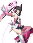  1girl absurdres arm_behind_back armpits bangs bare_shoulders black_hair breasts chuunioniika covered_navel elbow_gloves gloves highres open_mouth pink_gloves pink_legwear senki_zesshou_symphogear simple_background small_breasts solo thigh-highs tsukuyomi_shirabe violet_eyes white_background yo-yo 