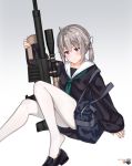  1girl alternate_costume bag bangs black_footwear black_serafuku black_skirt blouse bolt_action cheytac_m200 duffel_bag girls_frontline green_neckwear gun hair_between_eyes highres loafers long_hair long_sleeves looking_at_viewer m200_(girls_frontline) neckerchief pantyhose pleated_skirt ponytail rifle sailor_collar school_uniform scope serafuku shoes silver_hair skirt smile sniper_rifle solo violet_eyes weapon yakumo_ling 