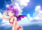  1girl arm_up bangs bat_wings bikini bird blue_sky bow breasts cleavage clouds collarbone commentary_request crescent crescent_earrings day earrings eyebrows_visible_through_hair flock grin jewelry looking_at_viewer nail_polish navel no_hat no_headwear outdoors pink_bikini pink_bow purple_hair red_eyes red_nails remilia_scarlet short_hair skindentation sky small_breasts smile solo star star_earrings stomach swimsuit touhou uemura_shun upper_body w w_over_eye water wings 