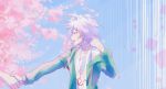  1boy ahoge blue_eyes cherry_blossoms collarbone commentary_request dangan_ronpa from_side green_jacket hand_holding highres hood hooded_jacket hoodie jacket komaeda_nagito long_hair long_sleeves male_focus messy_hair outdoors shirt smile solo_focus super_dangan_ronpa_2 upper_body white_hair white_shirt wuyinmingyue 