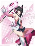  1girl absurdres arm_behind_back armpits bangs bare_shoulders black_hair breasts chuunioniika commentary covered_navel elbow_gloves english_commentary gloves happy_birthday highres microskirt open_mouth pink_gloves pink_legwear senki_zesshou_symphogear skirt small_breasts solo thigh-highs tsukuyomi_shirabe twitter_username violet_eyes yo-yo 