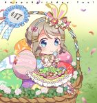  1girl :&gt; animal_ears basket blue_eyes blue_ribbon blush bow character_name chibi clover clover_(flower) commentary_request dated day dress easter easter_egg egg flower green_dress grey_hair group_name hair_bow hair_ornament hair_up hairband hairpin happy_birthday izumi_kirifu looking_at_viewer love_live! love_live!_sunshine!! outdoors petals pink_bow rabbit_ears ribbon short_sleeves shoulder_cutout sitting solo striped striped_bow watanabe_you 