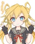  1girl abukuma_(kantai_collection) bangs black_gloves black_jacket blonde_hair blue_eyes blush brown_shirt closed_mouth collarbone commentary_request double_bun double_w eyebrows_visible_through_hair gloves grey_sailor_collar hair_between_eyes hair_rings hands_up highres jacket kantai_collection komakoma_(magicaltale) long_hair neck_ribbon open_clothes open_jacket partly_fingerless_gloves red_ribbon remodel_(kantai_collection) ribbed_shirt ribbon sailor_collar shirt side_bun simple_background smile solo translation_request twintails upper_body very_long_hair w white_background 