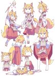  1girl :&gt; :d :o animal_ear_fluff animal_ears apron bangs blonde_hair commentary commentary_request covering_mouth crying eyebrows_visible_through_hair fang flower fox_ears fox_girl fox_tail geta hair_between_eyes hair_flower hair_ornament highres japanese_clothes lifted_by_self looking_at_viewer looking_away miko multiple_views open_mouth ribbon-trimmed_sleeves ribbon_trim roku_no_hito senko_(sewayaki_kitsune_no_senko-san) sewayaki_kitsune_no_senko-san short_hair simple_background sitting skirt skirt_lift smile socks standing tail white_background white_legwear wide-eyed wide_sleeves yellow_eyes |_| 