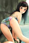  1girl :d absurdres all_fours arm_support ass bangs bare_arms bare_shoulders bikini black_hair blush brown_eyes cliff day eyebrows_visible_through_hair floral_print hairband highres long_hair looking_at_viewer looking_back matsunaga_kouyou nose_blush open_mouth original outdoors print_bikini red_hairband round_teeth smile solo swimsuit teeth upper_teeth water wet white_bikini 