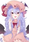  1girl :d alternate_hairstyle animal bangs bat bat_wings between_legs black_wings blush bow collared_shirt commentary_request eringi_(rmrafrn) eyebrows_visible_through_hair fangs hair_between_eyes hand_between_legs hand_up hat hat_bow highres long_hair looking_at_viewer low_wings mob_cap open_mouth pink_headwear pink_shirt pink_skirt puffy_short_sleeves puffy_sleeves purple_hair red_bow red_eyes remilia_scarlet shirt short_sleeves simple_background sitting skirt smile solo touhou very_long_hair white_background wings 