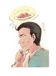  1boy black_hair brown_eyes cravat food gernot hand_on_own_chin isekai_izakaya_&quot;nobu&quot; leoharju male_focus monocle napolitan profile simple_background solo thinking thought_bubble upper_body white_background 