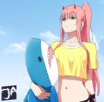  1girl bikini black_bikini breasts collarbone crop_top darling_in_the_franxx green_eyes highres horns jadsen medium_breasts midriff navel oni_horns pink_hair ponytail red_horns shark shirt side-tie_bikini sky solo swimsuit yellow_shirt zero_two_(darling_in_the_franxx) 