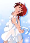  1girl closed_mouth commentary_request dress graphite_(medium) hino_akane_(smile_precure!) looking_at_viewer millipen_(medium) onnaski precure red_eyes redhead see-through short_hair smile smile_precure! solo traditional_media white_dress 