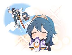  1boy 1girl armor blue_eyes blue_hair blush cape chibi falchion_(fire_emblem) father_and_daughter fingerless_gloves fire_emblem fire_emblem:_kakusei flying gloves hair_between_eyes krom long_hair lucina nintendo robe rocket_launcher ryonhei short_hair simple_background smile super_smash_bros. sword tiara weapon 