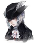  1girl ascot blonde_hair blood bloodborne gloves hat hat_feather lady_maria_of_the_astral_clocktower long_hair lor_(roasyerizyonirapi) ponytail simple_background solo the_old_hunters tricorne white_background white_hair 