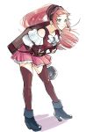  1girl absurdres backpack bag bandanna belt blue_eyes bow breasts closed_mouth felicia_(fire_emblem_if) fingerless_gloves fire_emblem fire_emblem_heroes fire_emblem_if full_body gloves high_heels highres leaning_forward long_hair long_sleeves medium_breasts misokatsuhaumai nintendo pink_hair pink_skirt ponytail simple_background skirt smile solo standing thigh-highs white_background white_bow 