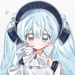  1girl alternate_costume bangs blue_eyes blush gem gloves hair_between_eyes hatsune_miku headdress index_finger_raised light_blue_hair long_hair looking_at_viewer microphone shiny sleeveless smile snowflakes solo twintails vocaloid white_gloves yalmyu 