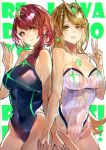  2girls bangs bare_shoulders black_swimsuit blonde_hair breasts covered_navel earrings fingerless_gloves gem gloves headpiece highres mythra_(xenoblade) pyra_(xenoblade) jewelry large_breasts multiple_girls nintendo one-piece_swimsuit red_eyes redhead short_hair signo_aaa swept_bangs swimsuit tiara xenoblade_(series) xenoblade_2 yellow_eyes 