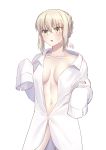  1girl artoria_pendragon_(all) bangs blonde_hair blush braid breasts collarbone dress_shirt fate/stay_night fate_(series) french_braid gogatsu_fukuin hair_between_eyes highres long_hair looking_at_viewer navel open_clothes open_mouth open_shirt saber_alter shirt simple_background sleeves_past_fingers sleeves_past_wrists small_breasts solo white_background white_shirt yellow_eyes 