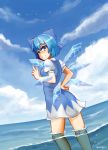  1girl absurdres artist_name blue_bow blue_eyes blue_hair blue_sky bow castyx cirno clouds day dress hair_bow highres ice ice_wings outdoors short_hair short_sleeves sky smile solo standing touhou v water wings 