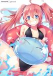  1girl :d ahoge bikini black_bikini black_nails blue_eyes blush_stickers breasts closed_eyes gainoob innertube looking_at_viewer milim_nava nail_polish open_mouth pink_hair rimuru_tempest sitting slime small_breasts smile solo_focus spread_legs swimsuit teeth tensei_shitara_slime_datta_ken twintails water watermark 