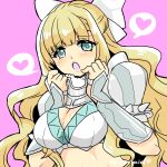  1girl blonde_hair blue_eyes bow breasts charlotte_(fire_emblem_if) cleavage fire_emblem fire_emblem_if hair_bow heart large_breasts long_hair nintendo open_mouth pink_background simple_background solo spoken_heart twitter_username upper_body white_bow yukia_(firstaid0) 