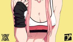  1girl abs breasts collarbone darling_in_the_franxx erect_nipples head_out_of_frame jadsen long_hair medium_breasts pink_hair sidelocks simple_background sports_bra sportswear straight_hair sweat sweatdrop zero_two_(darling_in_the_franxx) 