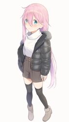  1girl black_legwear blue_eyes blush full_body fur_trim highres jacket kagamihara_nadeshiko leather leather_jacket long_hair looking_at_viewer mikazuchi_zeus pink_hair pinstripe_pattern short_shorts shorts solo striped thigh-highs turtleneck very_long_hair white_background yurucamp 