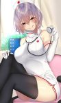  1girl :q bare_shoulders black_legwear blush breasts brown_eyes elbow_gloves gloves hair_between_eyes hat highres large_breasts looking_at_viewer monitor nurse nurse_cap onineko-chan original purple_hair short_hair sitting smile solo stethoscope thigh-highs tongue tongue_out white_background 