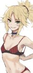  1girl arms_behind_back blonde_eyebrows blonde_hair bra braid breasts choker eyebrows_visible_through_hair fate/apocrypha fate_(series) female_only green_eyes grin highres looking_at_viewer mordred_(fate) mordred_(fate)_(all) navel panties ponytail red_bra red_panties removing_bra side_braid sidelocks simple_background sketch small_breasts smile solo tonee underwear underwear_only 