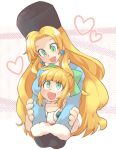  2girls :d arms_around_neck bangs blonde_hair blue_coat blunt_bangs blush bow capcom cropped_torso earrings fur_hat gloves green_eyes hair_bow hat heart hug hug_from_behind jewelry kalinka_cossack long_hair multiple_girls open_mouth rockman rockman_(classic) rockman_11 rockman_xover roll sidelocks smile tobitori ushanka yuri 