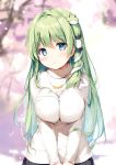  1girl alternate_costume bangs black_skirt blue_eyes blurry blurry_background blush breasts casual cherry_blossoms commentary_request contemporary erect_nipples eyebrows_visible_through_hair frog_hair_ornament green_hair hair_ornament hair_tubes jewelry kochiya_sanae large_breasts long_hair long_sleeves looking_at_viewer miyase_mahiro necklace ribbed_sweater single_sidelock skirt snake_hair_ornament solo sweater touhou turtleneck turtleneck_sweater upper_body v_arms very_long_hair white_sweater 