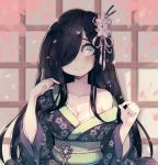  1girl alternate_costume aria_wintermint black_hair blush breasts cherry_blossoms cleavage flower grey_eyes hair_flower hair_ornament hair_over_one_eye japanese_clothes kimono kimono_pull long_hair obi off_shoulder parororo plaid sash smile solo the_crawling_city wide_sleeves 
