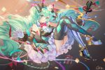  1girl aqua_eyes aqua_hair argyle argyle_legwear asymmetrical_legwear bare_shoulders bow bowtie chinese_commentary commentary confetti diamond_(shape) facial_tattoo flag frilled_skirt frills full_body gloves hair_ornament halterneck hat hatsune_miku highres holding holding_staff knees_up long_hair lying magical_mirai_(vocaloid) microphone mini_hat mini_top_hat mismatched_footwear on_back qie_(25832912) skirt smile solo spotlight staff striped striped_legwear tattoo top_hat twintails very_long_hair vocaloid white_gloves 