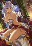  1girl abo_(hechouchou) absurdres animal_ears armor armored_boots armored_dress backless_dress backless_outfit bangs bare_shoulders blush boots braid breastplate breasts brown_dress brown_eyes cat_ears cleavage closed_mouth collarbone curtains dress erune fireworks gauntlets granblue_fantasy greaves hair_between_eyes hair_tubes heles highres large_breasts long_hair looking_at_viewer sidelocks silver_hair single_braid smile solo thighs very_long_hair window 