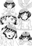  1girl :d akiyama_yukari blowing clenched_teeth closed_eyes doujinshi foam girls_und_panzer grin hand_in_another&#039;s_hair hand_on_another&#039;s_head highres hirota_masatane jitome looking_at_viewer messy_hair monochrome multiple_views one_eye_closed open_mouth partially_submerged petting screentones short_hair smile soap_bubbles sponge teeth 