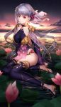  1girl absurdres bangs breasts commentary_request dress earrings eyebrows_visible_through_hair fate/grand_order fate_(series) flower full_body hair_ribbon highres in_water jewelry kama_(fate/grand_order) large_breasts looking_at_viewer luomo medium_hair outdoors pink_flower purple_dress purple_legwear red_eyes red_flower ribbon silver_hair sitting sleeveless sleeveless_dress solo star sunset thigh-highs 