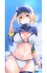  1girl absurdres ahoge artoria_pendragon_(all) baseball_cap bikini blonde_hair blue_headwear blue_sky blush breasts clouds cloudy_sky commentary_request day fate/grand_order fate_(series) gluteal_fold grin hair_through_headwear hat head_tilt high_ponytail highres horizon large_breasts long_sleeves mysterious_heroine_xx_(foreigner) navel ocean ponytail salute shrug_(clothing) side-tie_bikini sidelocks sky smile solo swimsuit thigh_strap water white_bikini yuki_maccha_(yukimattya10) 