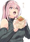  1girl bare_shoulders black_sweater blue_eyes blush breasts detached_sleeves eating endou_(zettai_bluenoid) food hairband hamburger highres holding holding_food long_hair medium_breasts megurine_luka open_mouth pink_hair ribbed_sweater simple_background sleeveless_sweater smile solo sweater turtleneck turtleneck_sweater upper_body vocaloid white_background 