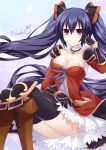  1girl alternate_costume artist_name bangs binato_lulu black_hair boots breasts choujigen_game_neptune cleavage collar collarbone commentary_request cosplay detached_sleeves dress eyebrows_visible_through_hair gauntlets granblue_fantasy hair_between_eyes hair_ribbon hand_on_own_thigh hand_rest imai_asami looking_at_viewer medium_breasts neptune_(series) noire red_eyes ribbon seiyuu_connection shiny shiny_hair sitting smile solo strapless strapless_dress thigh-highs twintails vira_lilie vira_lilie_(cosplay) 