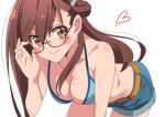  absurdres bespectacled bikini_top black-framed_eyewear blue_bikini_top blue_shorts breasts brown_eyes brown_hair closed_mouth collarbone eyebrows_visible_through_hair gakkou_gurashi! glasses heart highres long_hair looking_at_viewer medium_breasts mole mole_under_eye semi-rimless_eyewear shorts simple_background sinakyo smile under-rim_eyewear wakasa_yuuri white_background 