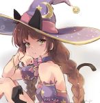  1girl animal_ears bell black_gloves blush bow bracelet braid brown_eyes brown_hair cat_ears cat_tail detached_sleeves envy_(otoca_d&#039;or) gloves hand_up hat jewelry jingle_bell knees_up leoharju long_hair looking_at_viewer otoca_d&#039;or pink_bow pout short_sleeves simple_background sitting solo striped striped_bow tail twin_braids very_long_hair witch witch_hat 