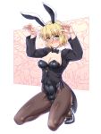  1girl alternate_costume animal_ears arms_up bangs black_bow black_footwear black_jacket black_legwear black_neckwear blonde_hair blush bow bowtie breasts bunny_tail bunnysuit cleavage commentary_request covered_navel detached_sleeves eyebrows_visible_through_hair fake_animal_ears fake_tail full_body green_eyes hair_between_eyes high_heels highres jacket looking_at_viewer medium_breasts mizuhashi_parsee nose_blush ootsuki_wataru pantyhose pointy_ears rabbit_ears seiza short_hair sidelocks sitting solo tail thighs touhou white_background 
