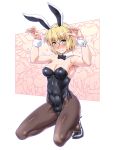  1girl alternate_costume animal_ears arms_up bangs bare_arms bare_shoulders black_bow black_footwear black_legwear black_neckwear blonde_hair blush bow bowtie breasts bunny_tail bunnysuit cleavage commentary_request covered_navel detached_sleeves eyebrows_visible_through_hair fake_animal_ears fake_tail full_body green_eyes hair_between_eyes high_heels highres looking_at_viewer medium_breasts mizuhashi_parsee nose_blush ootsuki_wataru pantyhose pointy_ears rabbit_ears seiza short_hair sidelocks sitting solo tail thighs touhou white_background wrist_cuffs 