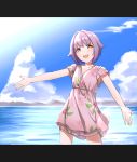  1girl :d bare_arms blue_sky brown_eyes clouds collarbone cowboy_shot day disco_brando dress eyebrows_visible_through_hair floral_print highres idolmaster idolmaster_cinderella_girls idolmaster_cinderella_girls_starlight_stage koshimizu_sachiko lens_flare letterboxed looking_at_viewer open_mouth outdoors outstretched_arms pink_dress print_dress purple_hair short_hair sky smile solo spread_arms twitter_username water 