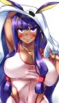  1girl animal_ears arm_up armpits bangs blush breasts cleavage covered_navel dark_skin earrings eyebrows_visible_through_hair facial_mark fate/grand_order fate_(series) hairband highres jackal_ears jewelry large_breasts long_hair looking_at_viewer nitocris_(fate/grand_order) nitocris_(swimsuit_assassin)_(fate) one-piece_swimsuit purple_hair shimeno_puni simple_background smile solo swimsuit violet_eyes white_background 
