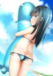  1girl asashio_(kantai_collection) ass bangs bare_shoulders bikini black_hair blue_eyes blue_sky blush closed_mouth clouds cloudy_sky comah commentary_request day eyebrows_visible_through_hair highres horizon kantai_collection long_hair looking_at_viewer looking_back object_hug ocean outdoors profile side-tie_bikini sky smile solo striped striped_bikini stuffed_toy swimsuit water 