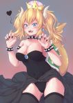  1girl absurdres b7669726 bare_shoulders black_collar black_dress black_leotard black_nails blonde_hair blue_eyes bowsette bracelet breasts cleavage collar collarbone commentary_request crown dress earrings fingernails grey_background heart highres horns jewelry large_breasts leotard long_hair looking_at_viewer super_mario_bros. nail_polish new_super_mario_bros._u_deluxe nintendo pointy_ears sharp_fingernails sharp_teeth simple_background solo spiked_armlet spiked_bracelet spiked_collar spiked_shell spiked_tail spikes strapless strapless_dress strapless_leotard super_crown tail teeth turtle_shell twintails 