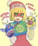  1girl arms_(game) bangs beanie blonde_hair chinese_clothes domino_mask dragon dragon_(arms) facepaint food gloves green_eyes hat hitohito looking_at_viewer mask min_min_(arms) noodles short_hair simple_background smile solo 