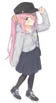  1girl bag black_legwear blush commentary full_body green_eyes hair_ornament hairclip handbag hat highres holding holding_hat hood hoodie kagamihara_nadeshiko long_hair looking_at_viewer mikazuchi_zeus pantyhose pink_hair scrunchie shoes skirt sneakers solo white_background yurucamp 